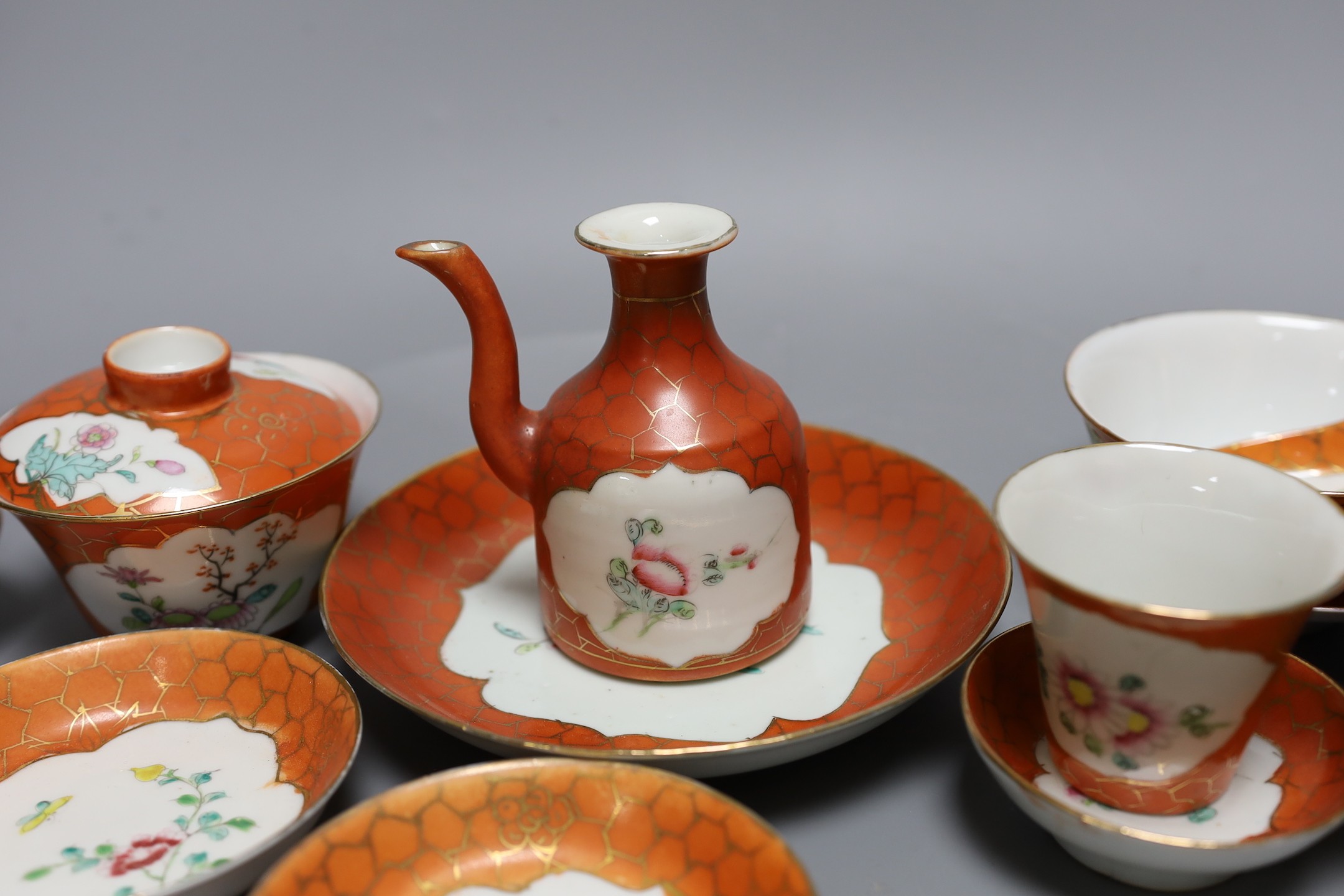 A Chinese Republic coral ground part set, vessel 10.5 cms high